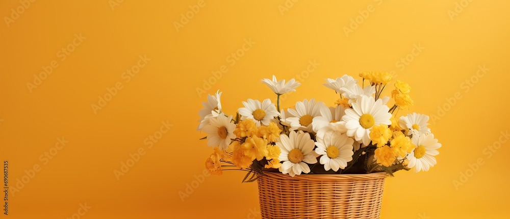 spring blooming, wicker basket full of white flowers on an orange background with copy space