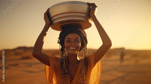 A young Sudanese woman, light-skinned, beautiful smile, carrying a bucket on her head. in Sudan amid drought But still maintains natural beauty