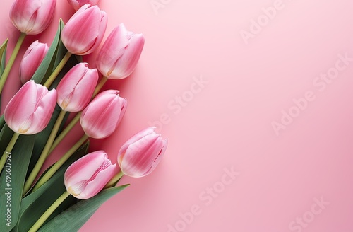spring blossoms, pink background with pink tulips (Tulipa gesneriana) on the left, copy space photo