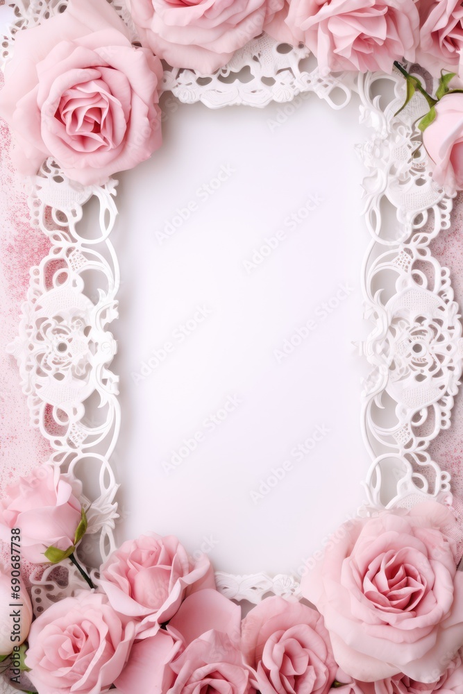 Roses and Lace Frame isolated on white background 