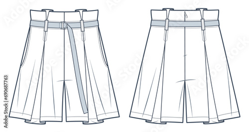 Wide Leg Shorts technical fashion illustration.  Short Pants fashion flat technical drawing template, pleats, back zipper, pocket, belt, front and back view, white, women, men, unisex CAD mockup.