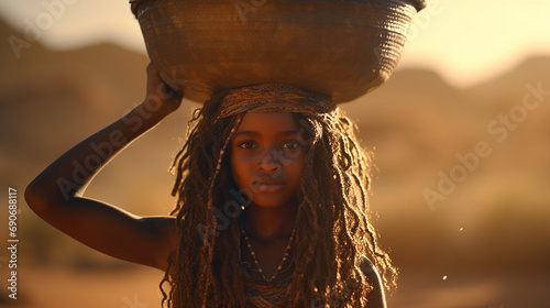 A young Sudanese woman, light-skinned, beautiful smile, carrying a bucket on her head. in Sudan amid drought But still maintains natural beauty photo