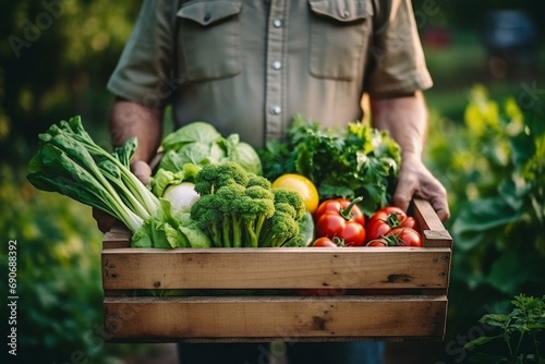 A mature farmer keeps fresh vegetables in an eco-friendly box in the garden.