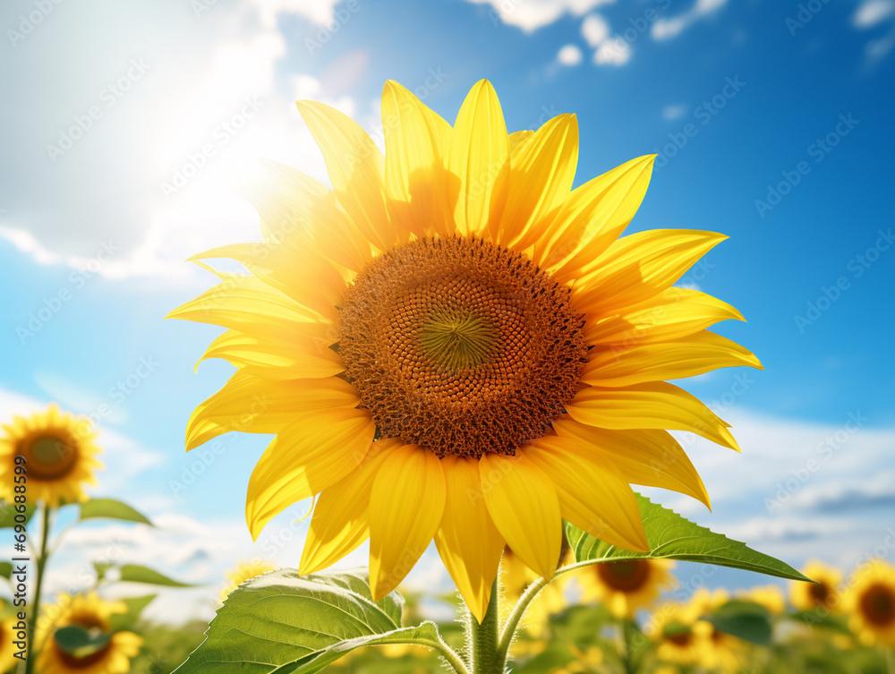 Sunflower in a field with a sunny sky over it, Sunflower in a field with a sunny sky over it,