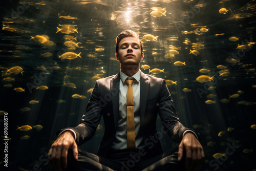 A handsome young man in a suit relaxing and meditating underwater. Fish swimming around him.