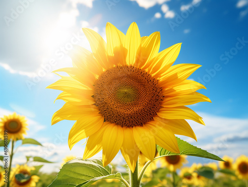 Sunflower in a field with a sunny sky over it,