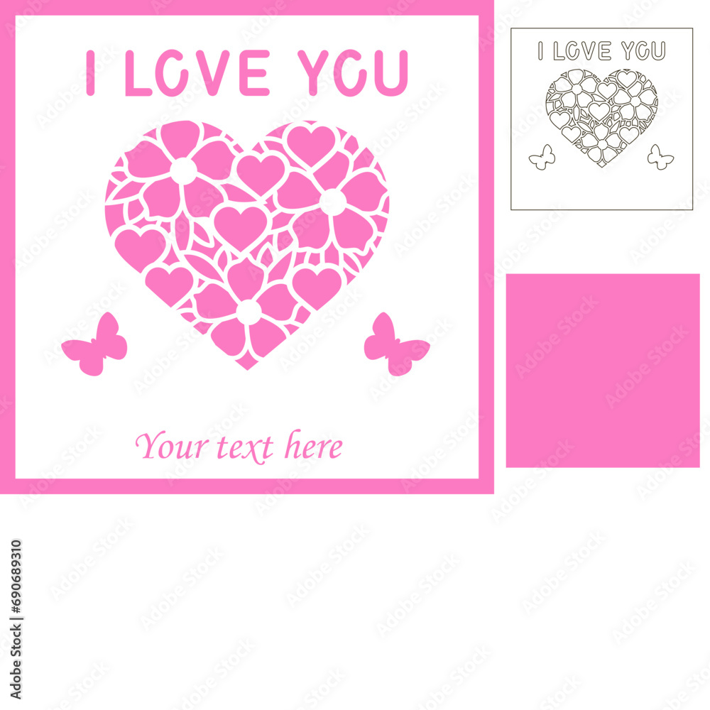 I love you card svg template, Valentines day sign with flower heart, Greeting card, Layered papercut file for cricut