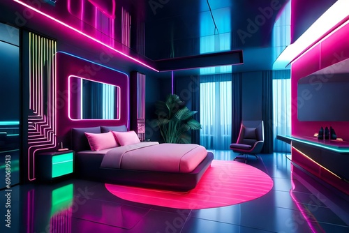 A vibrant neon-lit bedroom with futuristic decor, casting an otherworldly glow. Explore the electrifying ambiance.