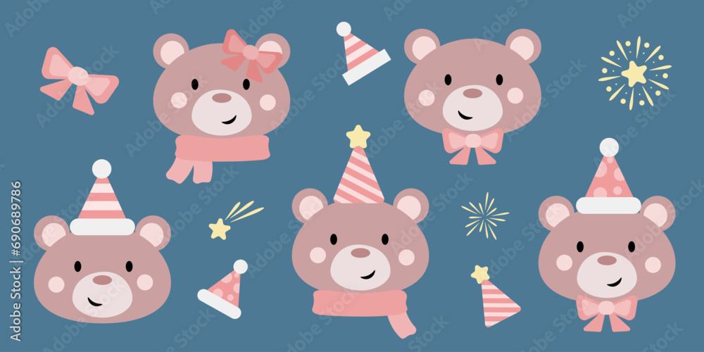 Cute holiday bear vector clip art set, new year celebartion decoration elements, adorable illustration set for kids greeting card design