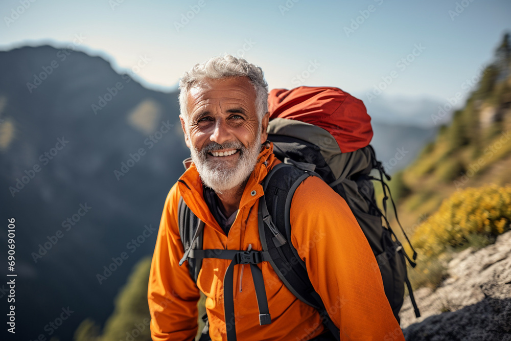 Medium shot portrait photography of a pleased man in his 60s that is wearing hiking gear, backpack against hiking through a mountainous trail background