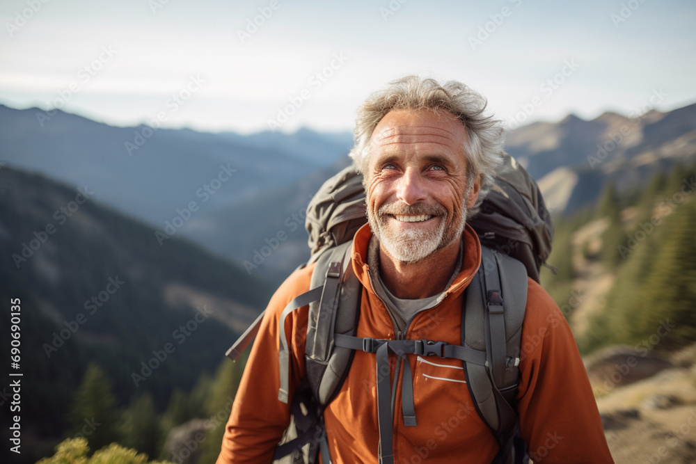 Medium shot portrait photography of a pleased man in his 60s that is wearing hiking gear, backpack against hiking through a mountainous trail background