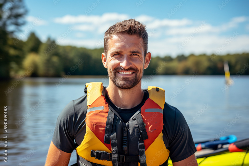 Medium shot portrait photography of a pleased man in his 30s that is wearing kayaking gear, life vest against kayaking on a serene lake background