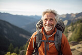 Medium shot portrait photography of a pleased man in his 60s that is wearing hiking gear, backpack against hiking through a mountainous trail background