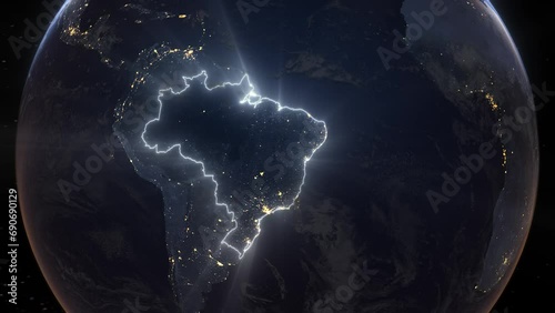 Realistic Earth Orbit and Zoom Glowing Borders Brazil