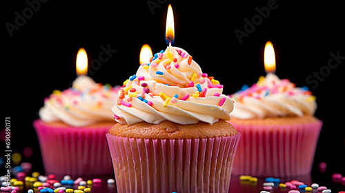Birthday cupcake with a candle on a light pink background created with Generative Ai