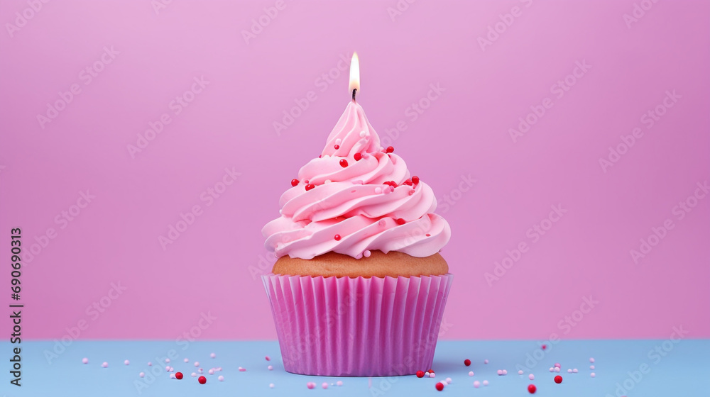 Birthday cupcake with a candle on a light pink background created with Generative Ai Birthday cupcake with a candle on a light pink background created with Generative Ai