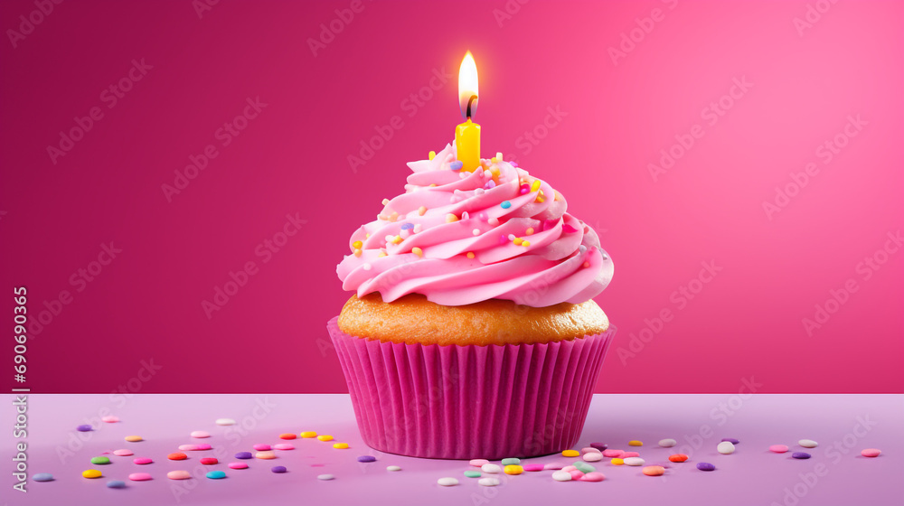 Birthday cupcake with a candle on a light pink background created with Generative Ai Birthday cupcake with a candle on a light pink background created with Generative Ai