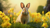 a rabbit is sitting in a young green grass in a meadow among yellow flowers