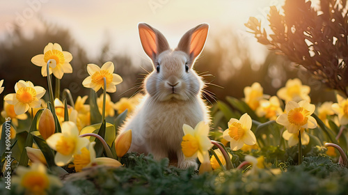 a rabbit is sitting in a young green grass in a meadow among yellow flowers 