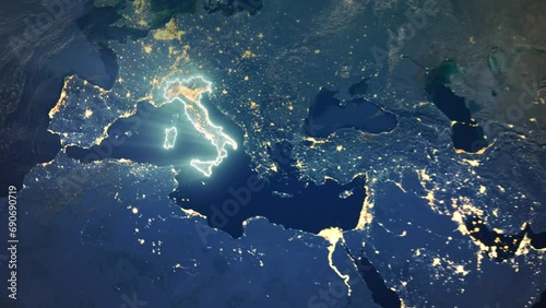 Realistic Earth Orbit and Zoom Glowing Borders Italy