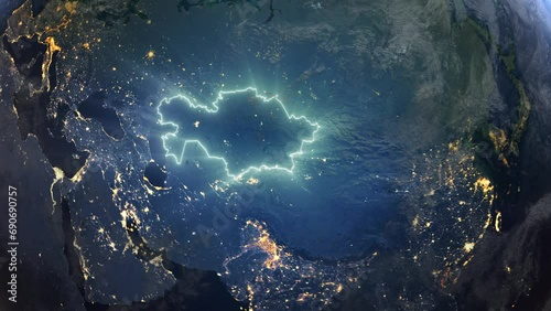 Realistic Earth Orbit and Zoom Glowing Borders Kazakhstan photo