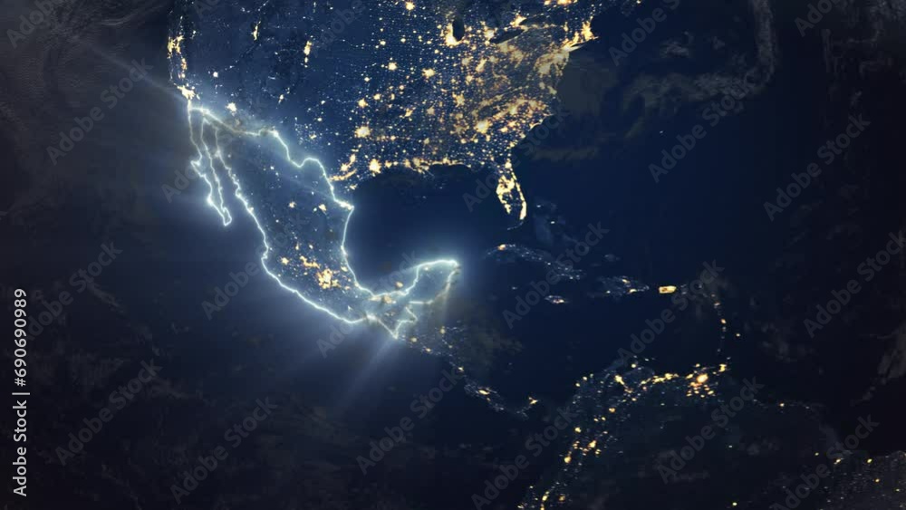Realistic Earth Orbit and Zoom Glowing Borders Mexico