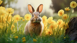 A fluffy little bunny is sitting in a clearing among yellow flowers
