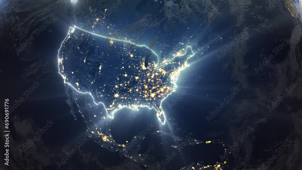 Realistic Earth Orbit and Zoom Glowing Borders United States