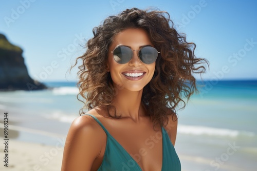 A woman wearing sunglasses on a beach near the ocean