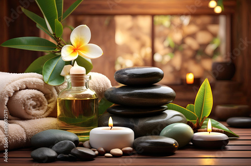 Spa treatment aromatherapy with candles, Stones and flowers for relax wellness.