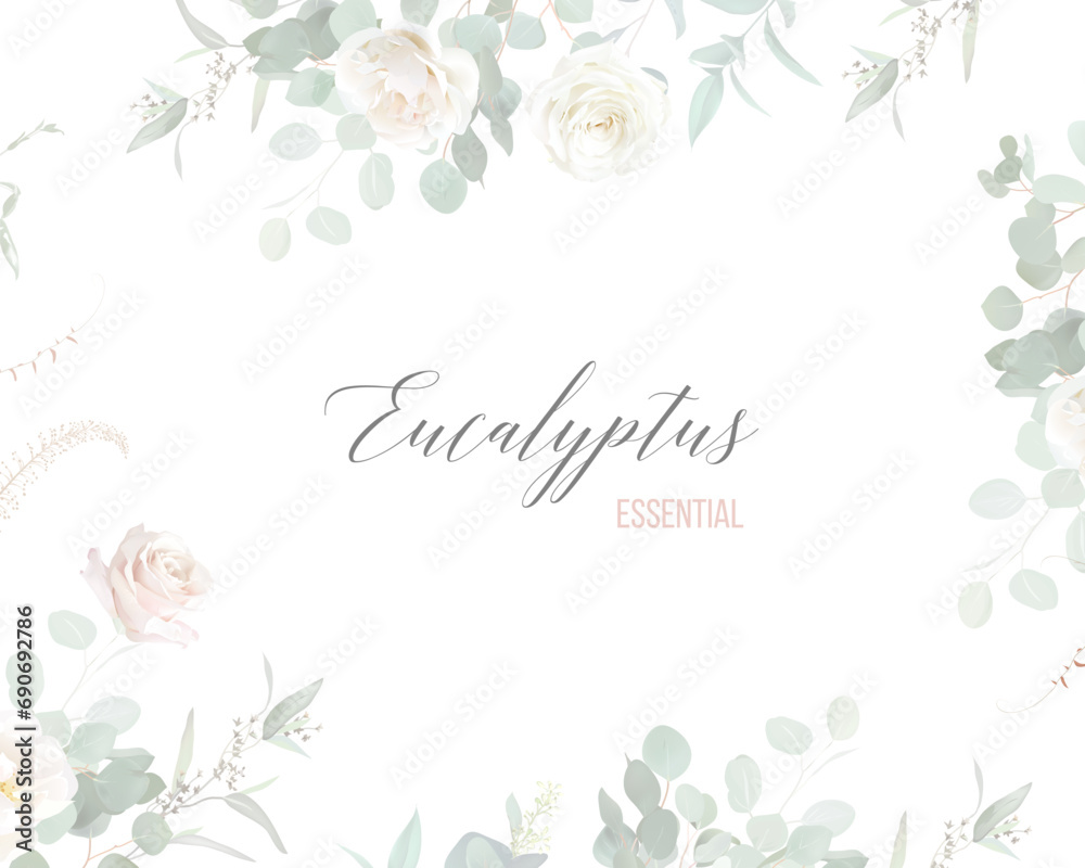 Blush pink rose flowers and mint eucalyptus vector frame. Hand painted branches, leaves on white background Blush pink rose flowers and mint eucalyptus vector frame. Hand painted branches, leaves on white background