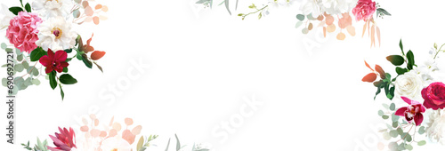 Floral vector banner. Hand painted plants, flowers, leaves on white background. Greenery botanical wedding invitation photo