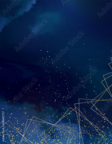 Magic night dark blue sky with sparkling stars. Gold glitter powder splash vector background. Golden scattered dust