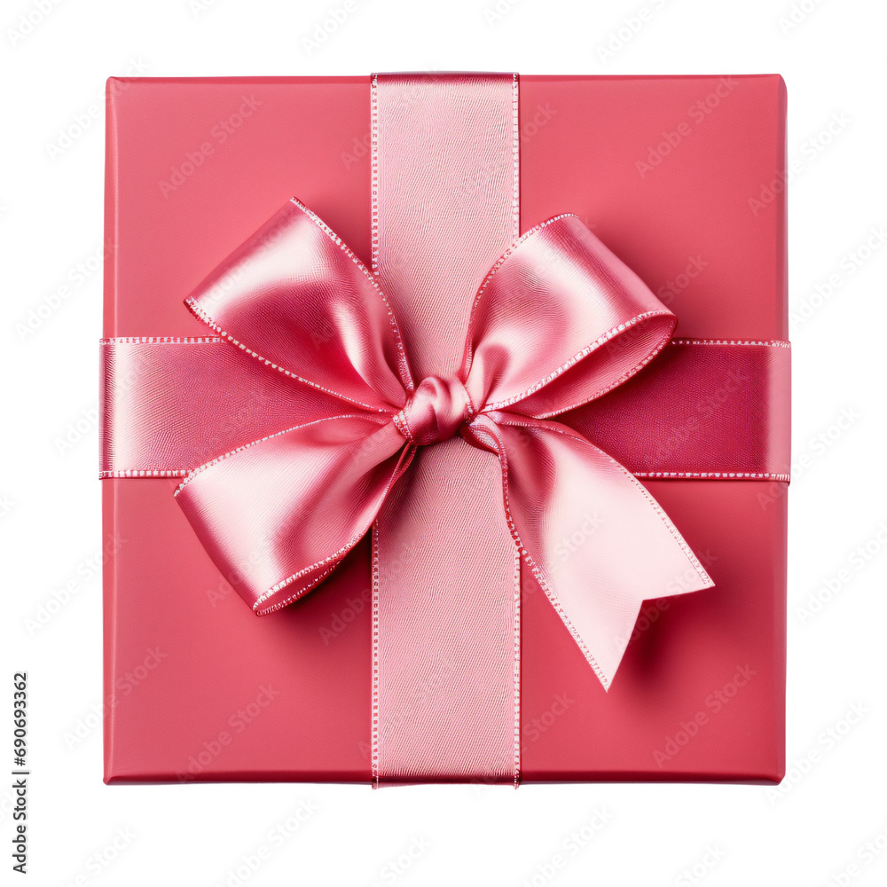 Pink gift box with ribbon, 3d, valentine and Christmas present , red white, isolated on white and transparent background