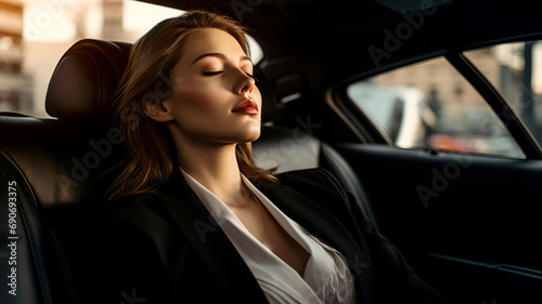 A fallen asleep businesswoman is resting in the back seat of a car. A beautiful woman has closed her eyes and is enjoying the ride in the car. Women with natural facial features in a car. © Helen-HD