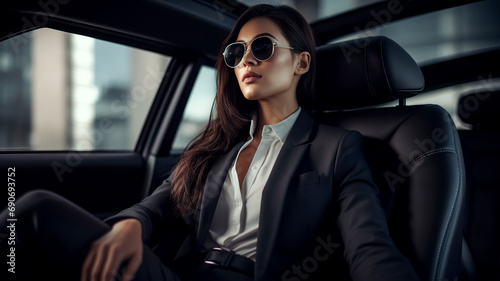 Beautiful young businesswoman sitting on the back seat of the car. Business concept. © Helen-HD