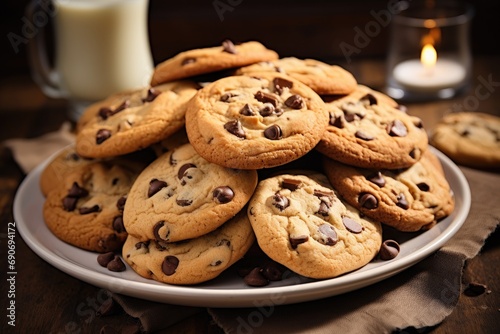 A plate full of chocolate chip cookies next to a glass of milk
