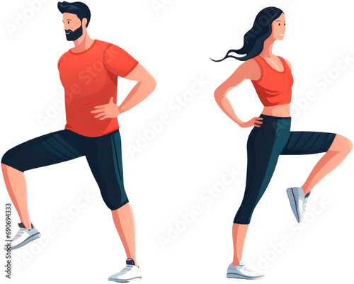 Man and woman in sportswear doing warm-up exercises.