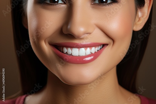 Closeup Beautiful young woman smile. Dental health. Teeth whitening. Restoration concept, female veneer smile, dental care and stomatology, dentistry, copyspace. photo