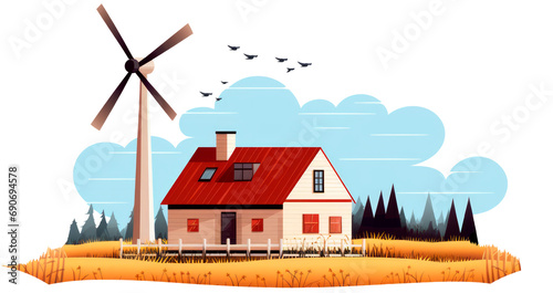 Idyllic countryside scene with a charming farmhouse, windmill, and birds flying.