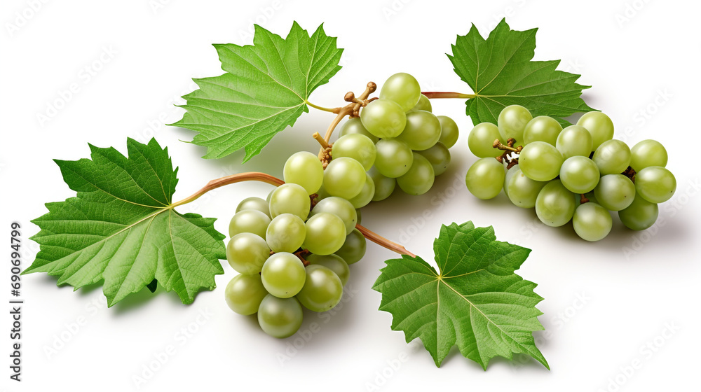 Bunch of grapes with leaves on white copy space created with Generative Ai Bunch of grapes with leaves on white copy space created with Generative Ai