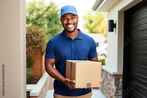 A man in a blue shirt is holding a cardboard box © pham