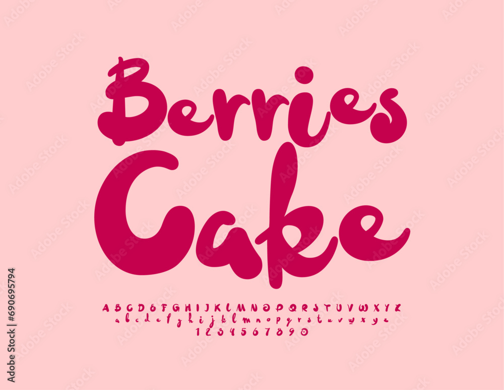 Vector delicious sign Berries Cake. Handwritten Alphabet Letters and Number set. Decorative bright Font