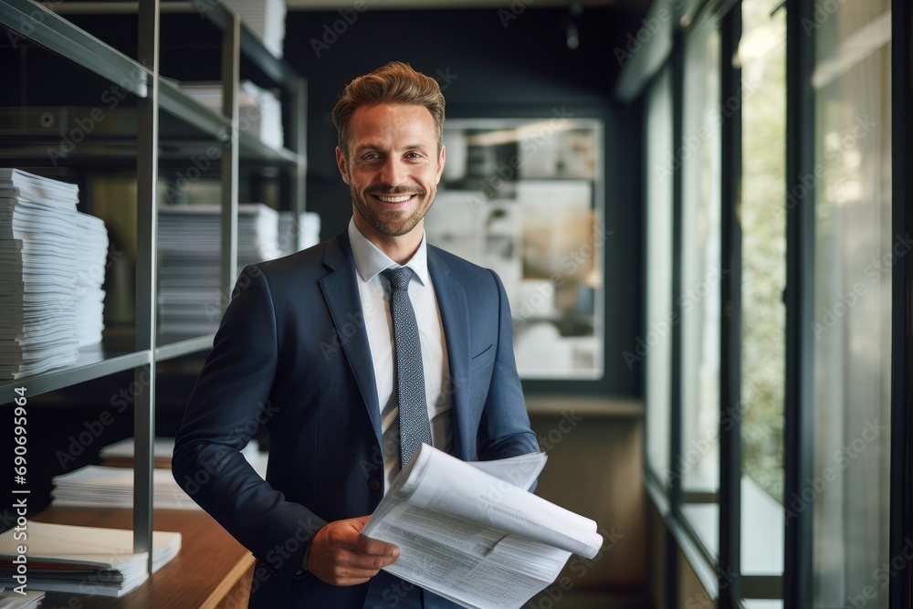 Fototapeta premium A man in a suit and tie holding a newspaper