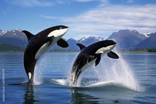 Two black and white orca jumping out of the water