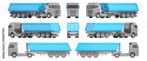 Truck with trailer mock-up for advertising, corporate identity. Vehicle branding mock up. Isolated template of dump truck on white. View from side, front, back and 45 degree view. 3d illustration photo