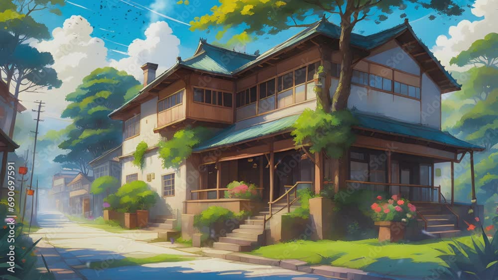 school building in old Town with nature landscape. Cartoon or Japanese anime watercolor illustration painting style. seamless looping 4K virtual video animation background