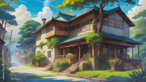 school building in old Town with nature landscape. Cartoon or Japanese anime watercolor illustration painting style. seamless looping 4K virtual video animation background