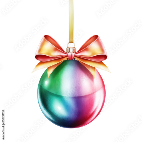 colorful watercolor Christmas ball with ribbon and a bow, isolated on background. Generative AI.