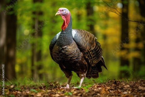 A turkey standing in the middle of a forest